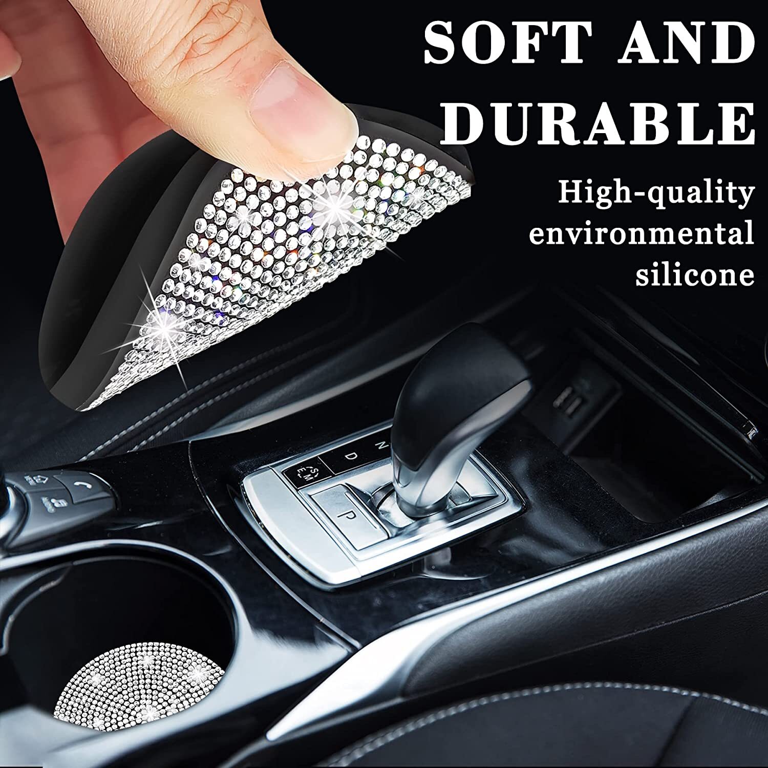 New 2Pcs Cute Bg Car Cup Holder Coaster Mat With Rhie For Women Girl Universal Anti Slip Automotive Interior Accessories