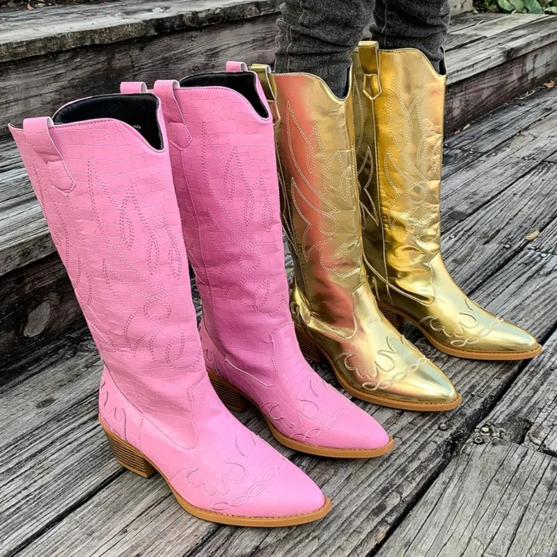 Embroidery Women High Boots Pointed Toe High Heels Shoes 2025 Trend Pumps Knee High Chelsea Winter Fad Botas Mujer 241031
