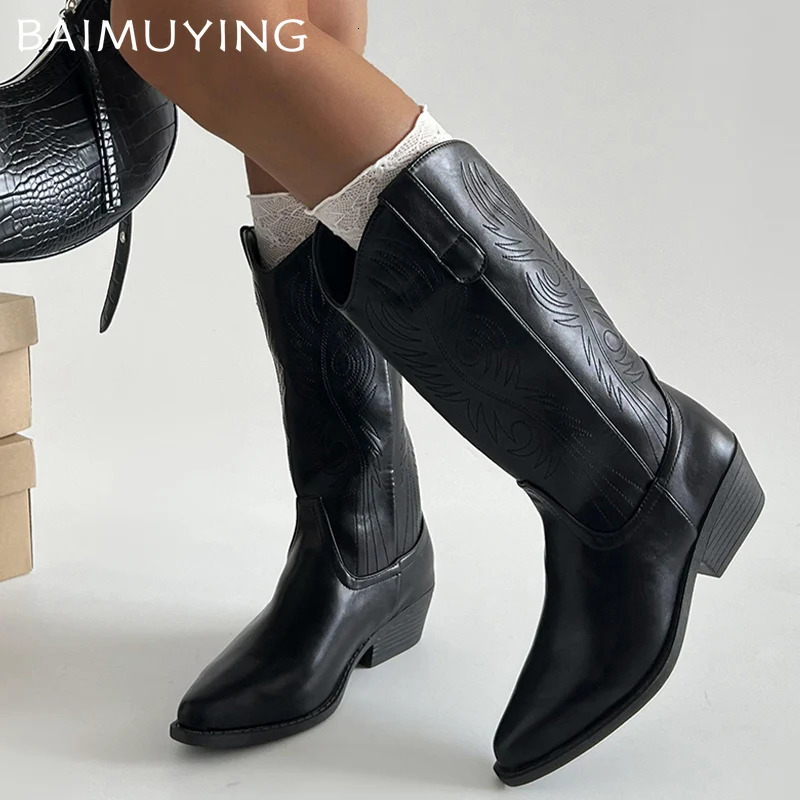 Chunky Pointed Toe Women High Boots Embroidery Mid Heels Winter Shoes 2025 Trend Mid Calf Gladiator Chelsea Botas Mujer 241031