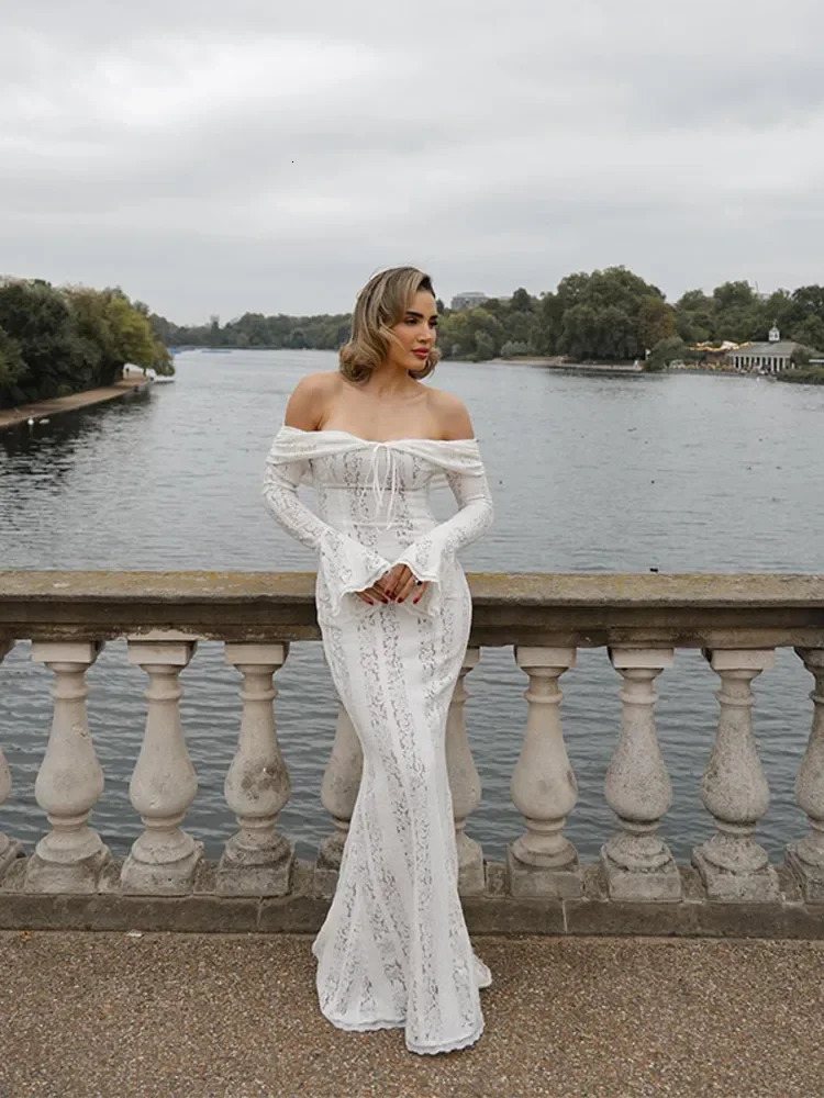 Elegant One Shoulder Lace Up Hollow Womens Dress Slim Fit See-through Long Sleeved Backless Robe 2024 Summer Lady Evening Gowns 241031