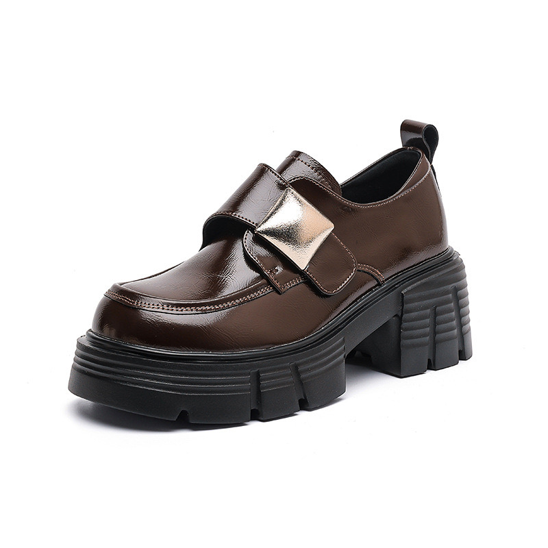 Platform Loafers Women Cow Leather Round Toe Triangle Marker New Sewing Design Classical Black Shoes Female Handmade