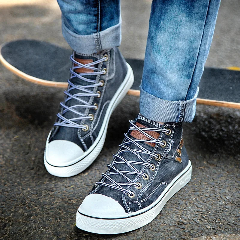Denim Canvas Sneakers For High Top Walking Sport Round Toe Lace Up Men Casual Shoes Running Thick Sole Ladies Brand Boots