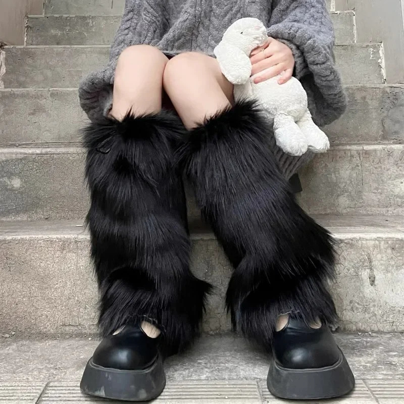Y2k Vintage Leg Warmers Street Style Plush Faux Fur White Gothic Punk Boot Black Knee-length Fashion Women Stockings 241031