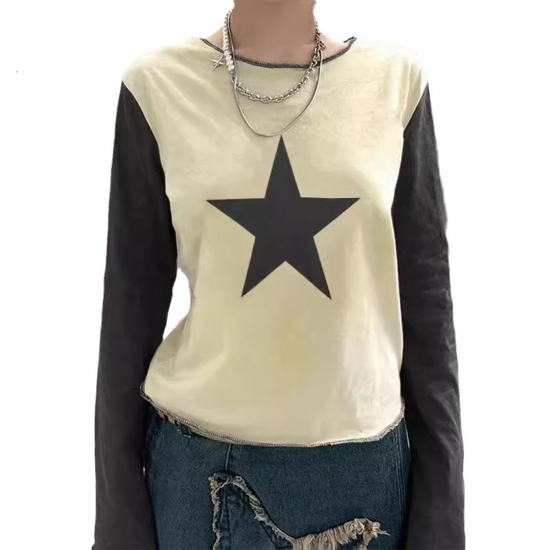 Design sense: 2024 Spring Autumn new sweet and spicy contrasting color lucky star women's T-shirt