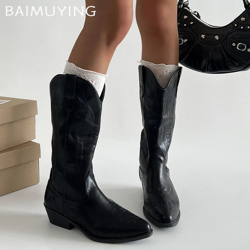 Chunky Pointed Toe Women High Boots Embroidery Mid Heels Winter Shoes 2025 Trend Mid Calf Gladiator Chelsea Botas Mujer 241031