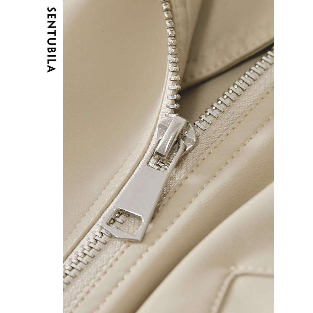 SENTUBILA Cropped Pu Bomber Women 2024 Autumn Winter Vintage Lapel Zip Up Faux Leather Jacket Motorcycle Coats