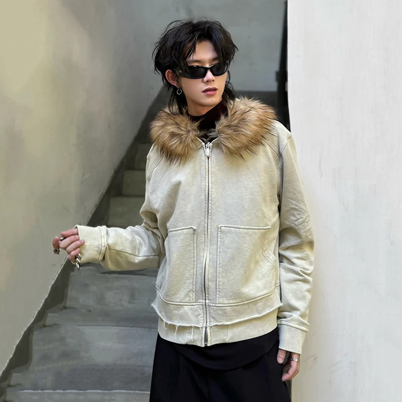 IEFB Fashion Mens Jackets Hooded Fur Collar Zipper Big Pockets Solid Color Slim Casual Male Shorts Coats Korean Style 9C8250 241031
