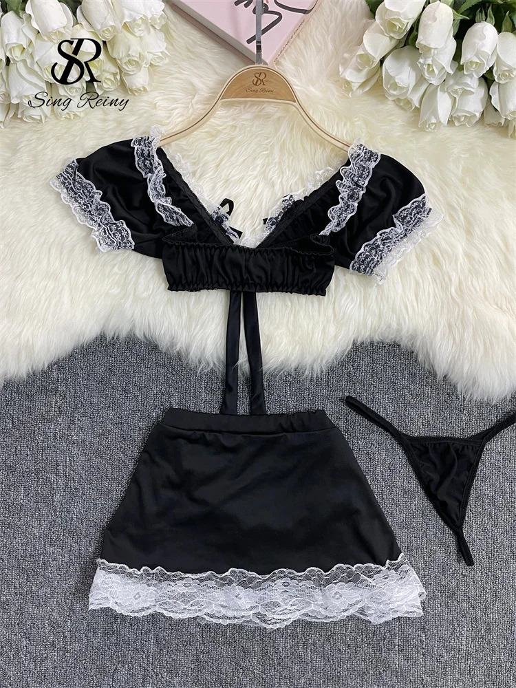 SINGREINY Women Cosplay Maid Erotic Three Pieces Sets Backless TopA-Line SkirtThongs Japan Style Bow Lace Pron Sexy Suits 241031