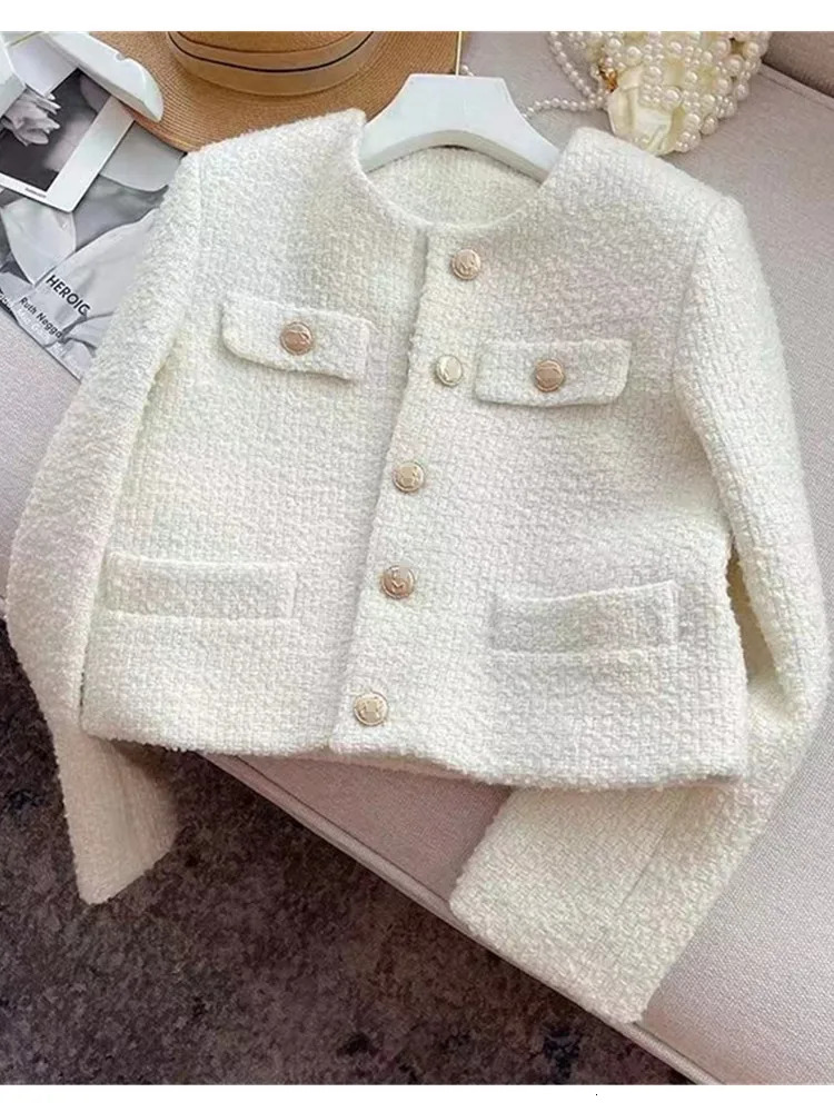 HMA Korean Chic Female Tweed Basic Jacket Coat Women Clothing Runway Style Woolen Outerwear 241031