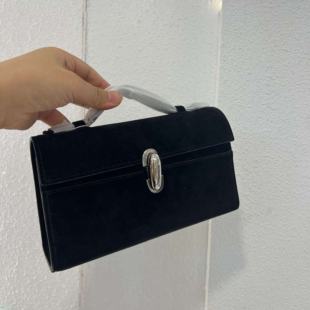 First-Layer Cowhide Vintage Handbag 25 Women Niche Design Black Suede Flip Clutch Genuine Leather Handheld Small Square Bag