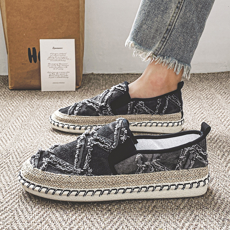 2024 New Black Loafers Fashion Handmade Flat Men Casual Canvas Shoes Breathable Fisherman Espadrilles Man Slip-on Shoe