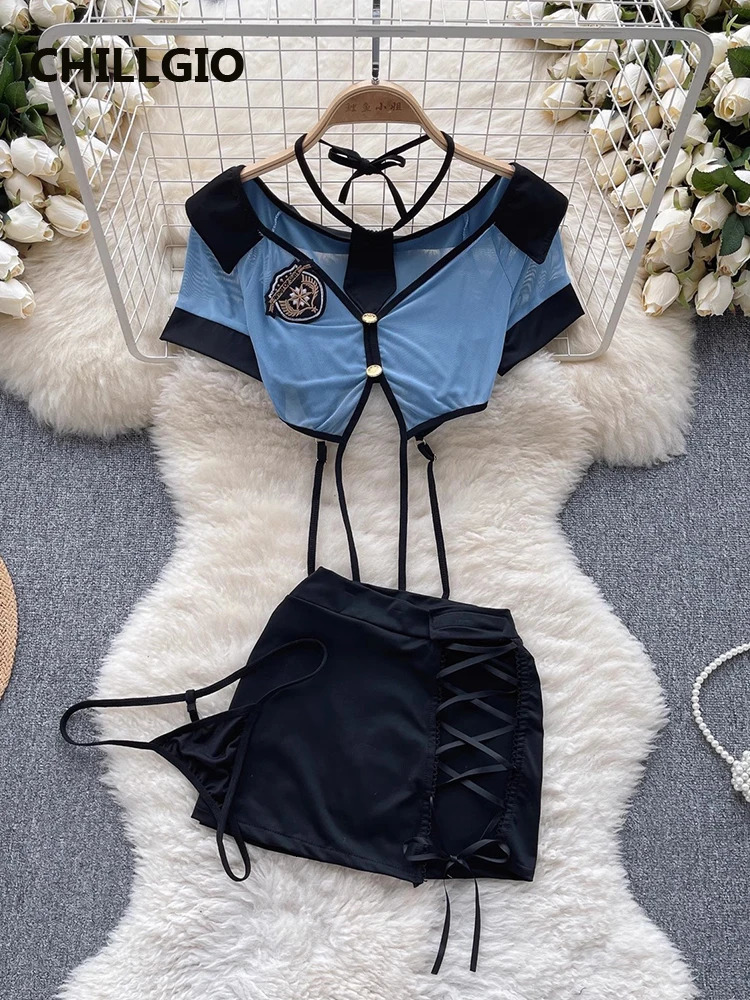 CHILLGIO Women Transparent Sexy Skirt Suits Summer Sleepwear Bodycon Tops Pencil Skirts Underpants Erotic 3 Pieces Pajamas Sets 241031