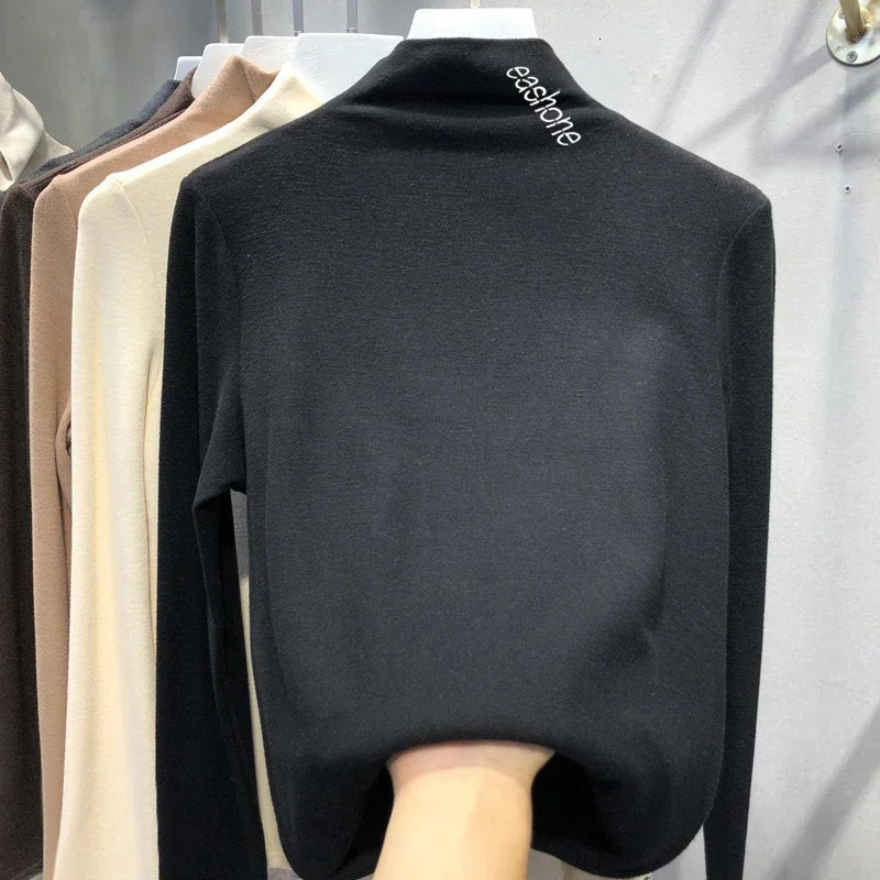 Harajuku half turtleneck Casual slim fleece Thick bottoming Tshirt autumn winter velvet Long Sleeve solid T Shirt Women y2k Top 241031