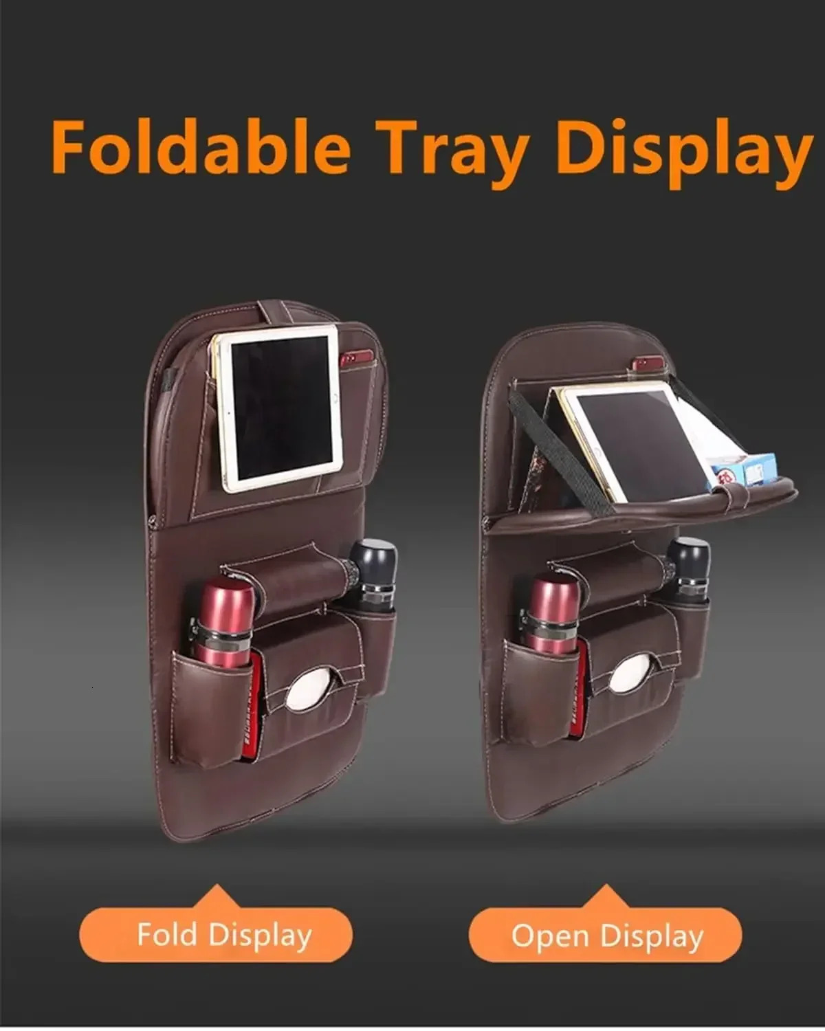 New 1Pcs Car Back Foldable Table Tray PU Leather Storage Organizer With Pockets Kick Mats Seat