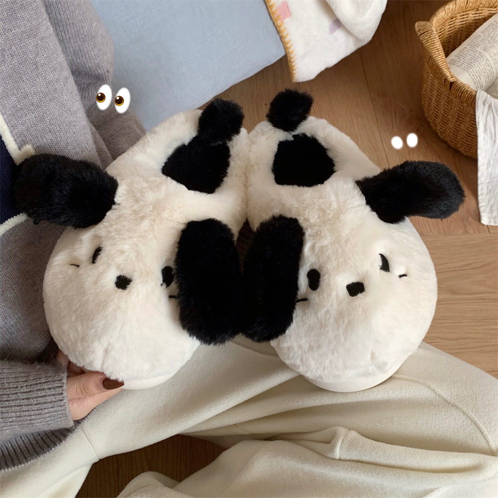 Cartoon puppy Family Slipper Woman Girl Cute fluffy winter warm plush indoor flats Bedroom slide casual women's cotton slipper