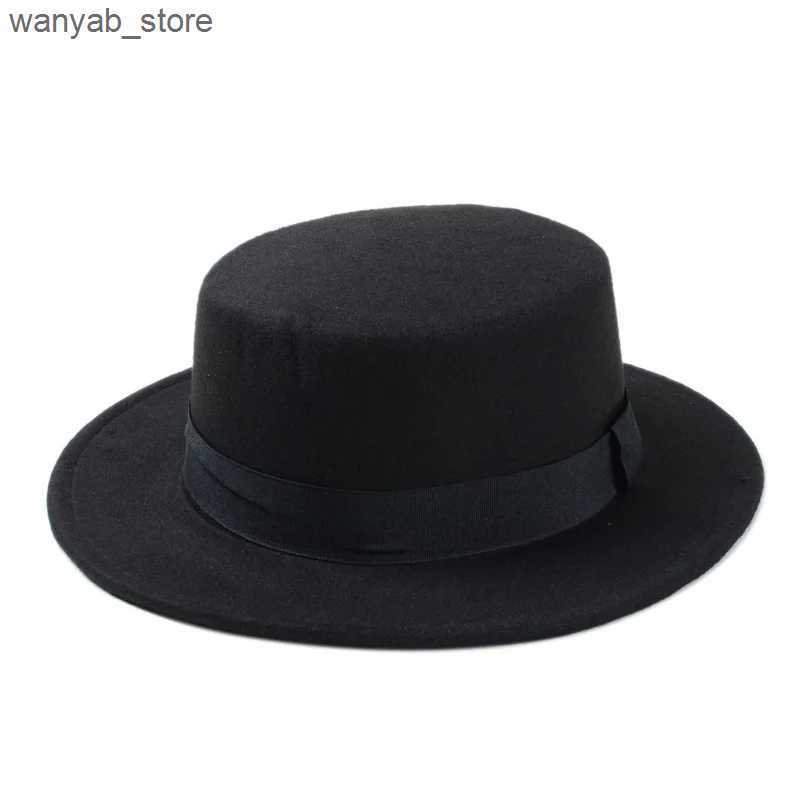 Stingy Brim Hats New Fashion Wool Pork Pie Boater Flat Top Hat For Womens Mens Felt Wide Brim Fedora Gambler Hat L240910