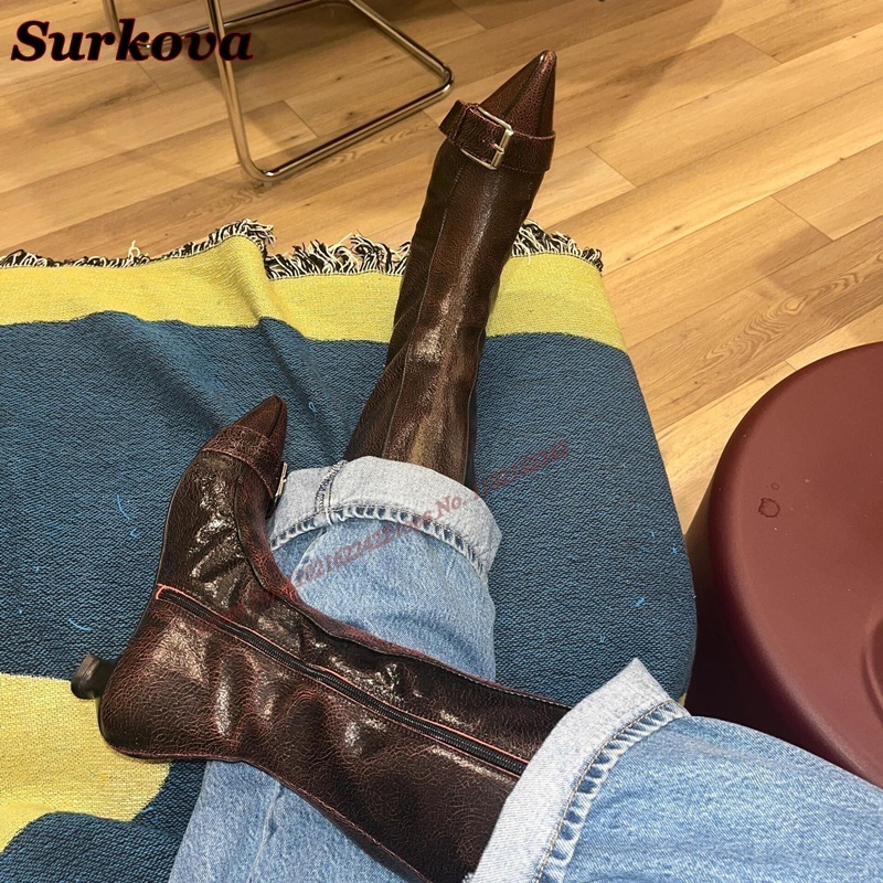 Retro Autumn New Style Belt Buckle Pointed Short Heel Side Zipper Sheepskin Slim Casual Ladies Long Boots