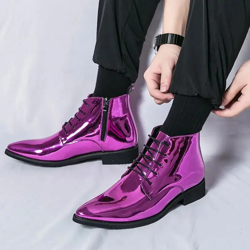 sparkling mens boots fashionable purple mens high top wedding shoes mens Pointed zipper mens social shoes large size 47 241031