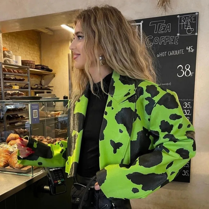 PU Leather Cow Printed Women Crop Jacket Blazer Notched Neck Loose Coat Fall Winter Y2K Streetwear Sexy Night Club Outfits 241031