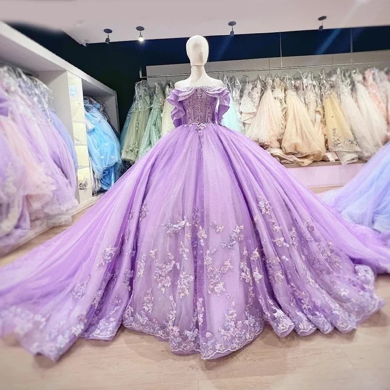 Lilac Shiny Quinceanera Dresses Ball Sweet 16 Dress Applique Lace Tull Party Vestidos 15 De XV Anos Beads Birthday Gown 1102