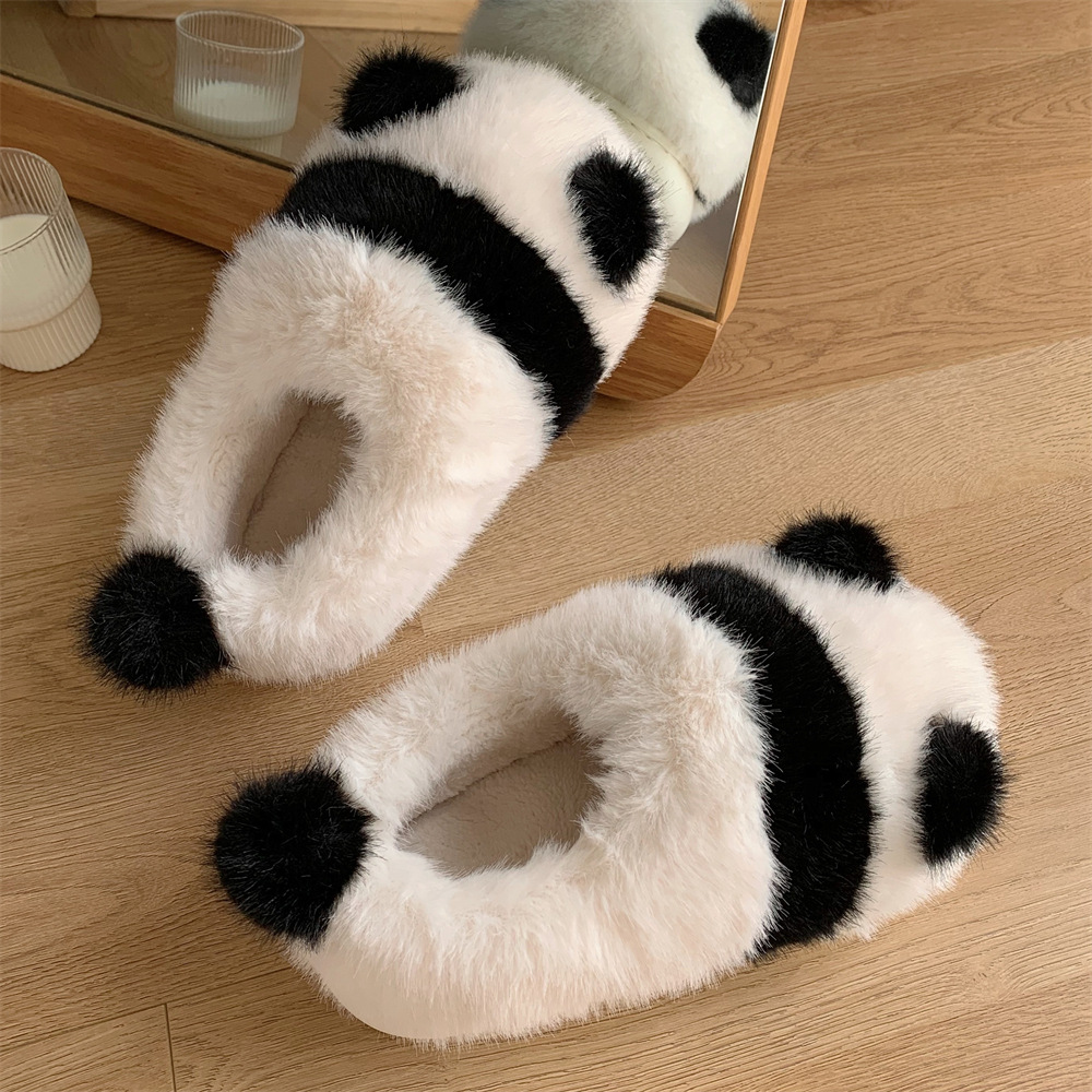 Soft cute Panda Family Slipper Women Girls Cute fluffy winter warm plush indoor flats Bedroom slide casual women's fur shoes