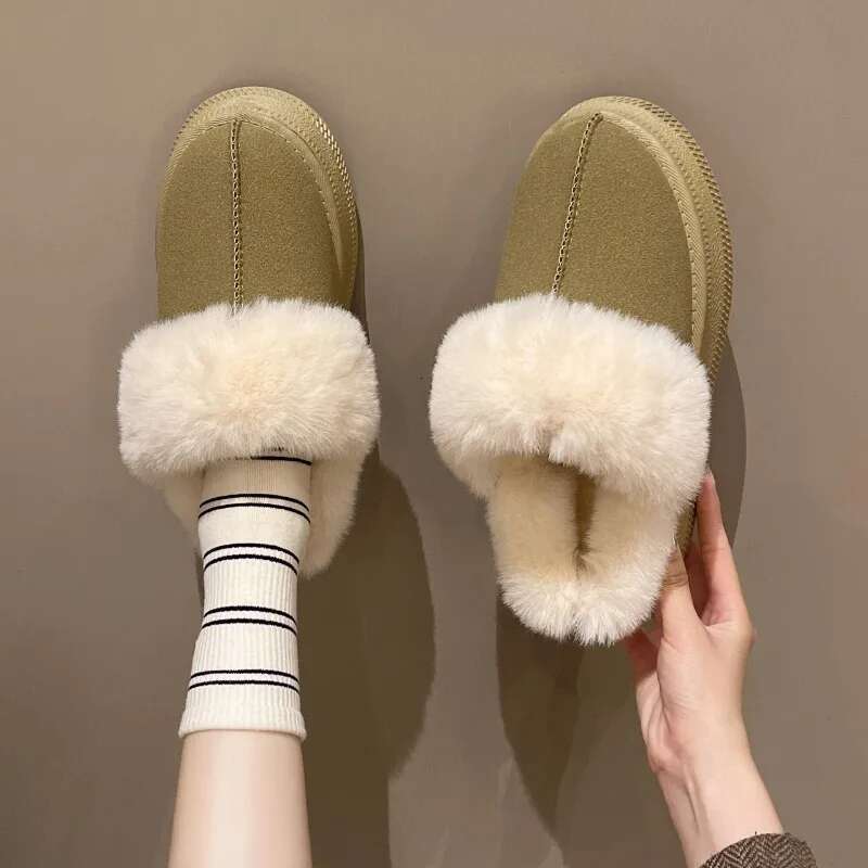 2024 New Leather Women Fashion Winter Indoor Solid Color Suede Fur Slippers Ladies Home Platform Warm s Slip-on Women's Shoes