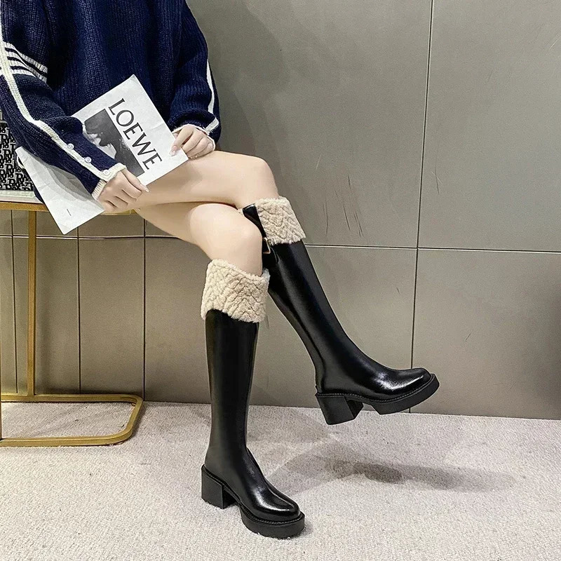 Winter Knee High Brown Long Comfort Square Heel Zip Belt Buckle Platform Boots for Women Plush Edge Warm Gothic Shoes 241030