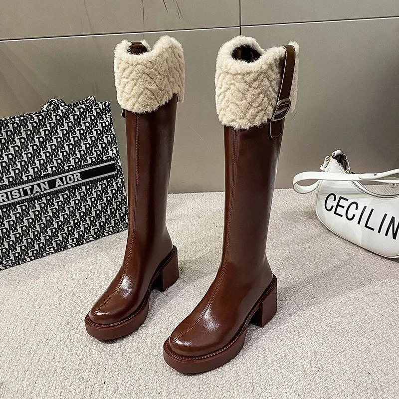 Winter Knee High Brown Long Comfort Square Heel Zip Belt Buckle Platform Boots for Women Plush Edge Warm Gothic Shoes 241030
