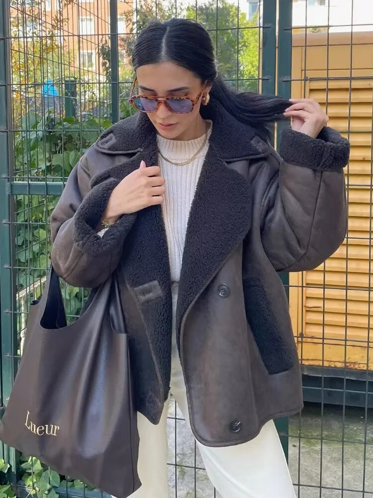 Y2K TRAF Faux Leather Jackets for Women 2024 Autumn Chic Single-breasted with Pockets Outerwear Ladies Long Sleeve Loose Coat 241030