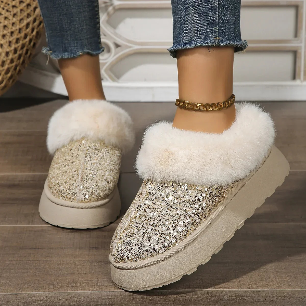 Ankle Snow Boots Womens Winter Shiny Fur Short Plush Warm Flat Slippers Platform Shoes Indoor Cotton Flip Cover 241031