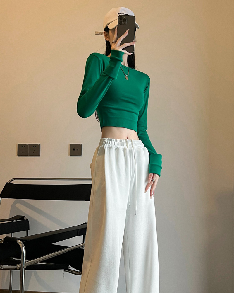 Dynamic girls in Europe and the United States Slim sexy long-sleeved T-shirt female round neck pullover sleeves ins open high waist short paragraph bl