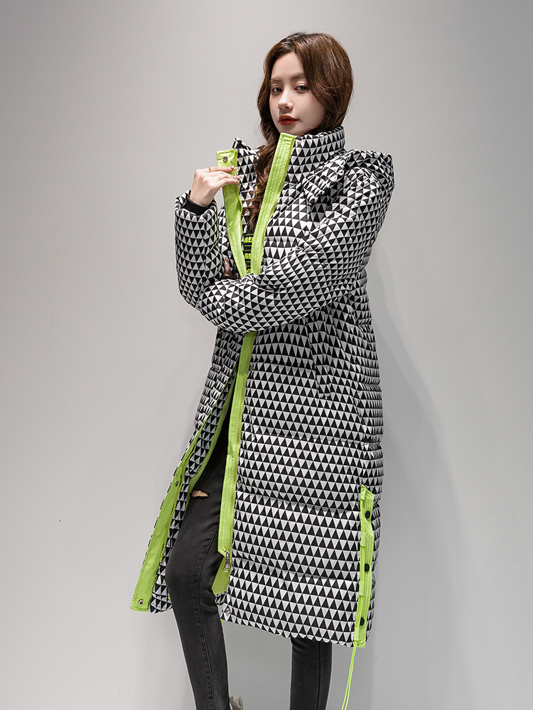 2023 Winter Plaid Long Coat Women ' S Fashion Thicken Hooded Puffer Jacket Female Windproof Warm Outwear