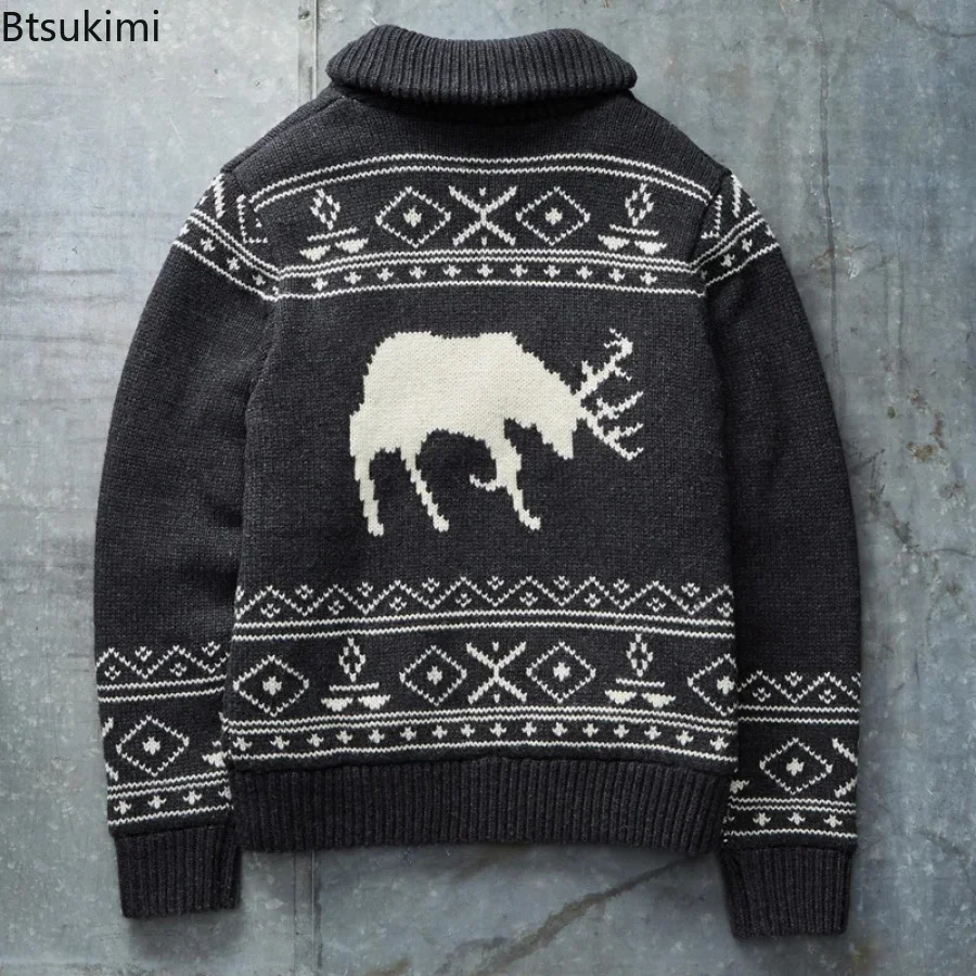 Autumn Winter Mens Warm Sweater Cardigans Deer Pattern Knitted High Street Oversize Cardigan Vintage Casual Christmas Knitwear 241031