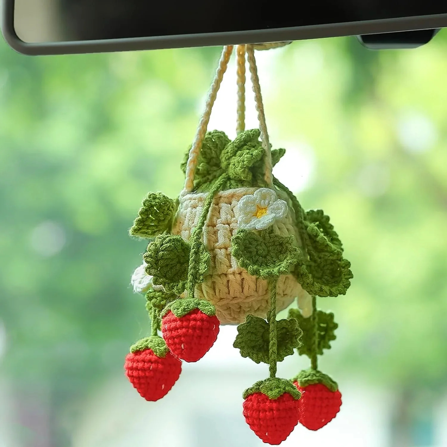 New Crochet Basket Strawberry Hanging Plant Decor Car Ornaments Charms For Rear View Mirror
