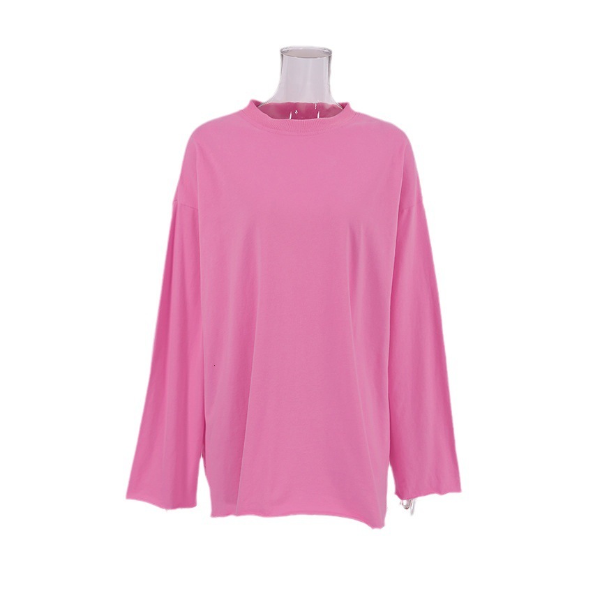 Designer's pink loose elastic round neck long sleeved pullover street style T-shirt 2024 new autumn fashion women's top