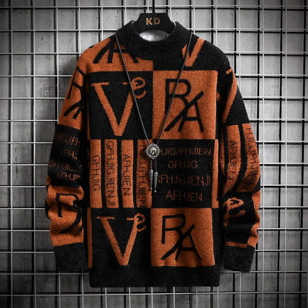 Pullovers Male Graphic Thick Mink Fur Mens Knit Sweater Crewneck Round Collar Knitwear Loose Fit Harajuku Jumpers Y2k 241031