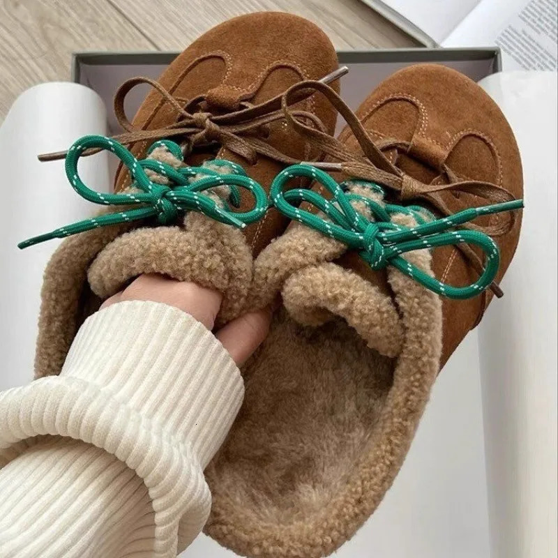 Flats Mules Women Slingback Slippers Winter Suede Lace Up Fashion Short Plush Warm 2025 Trend Shoes Women Cozy Cotton Slippers 241031