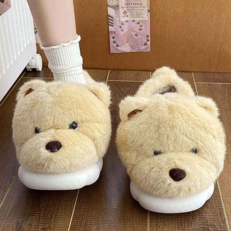 Winter Comfort Cotton Slippers Plush Bag Heel Home EVA Platform Bear Womens Indoor Warm Shoes 241031