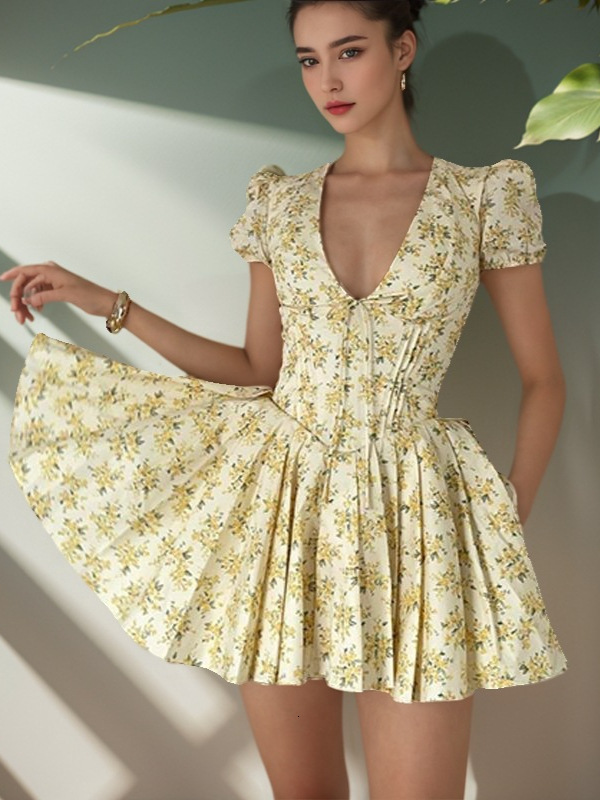 european and american women's clothing summer new product fashion first love floral bubble sleeves vneck slim fit french retro dress fluffy skirt