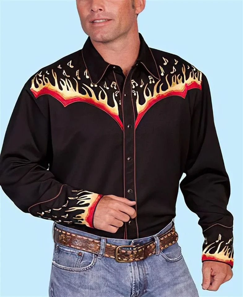 Western tribal shirt denim mens casual outdoor party HD pattern button soft and comfortable lapel shirt long sleeved T-shirt 241030