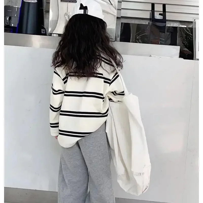 Korea Style Simple Kids Clothes Girl 2Pcs Set Clothing Long Sleeve StripedLoose Pant Outfits for Teen 6 8 10 12 14Y 241030