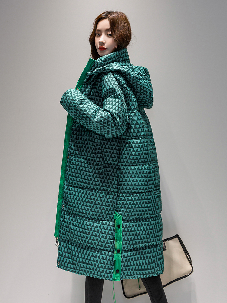 2023 Winter Plaid Long Coat Women ' S Fashion Thicken Hooded Puffer Jacket Female Windproof Warm Outwear