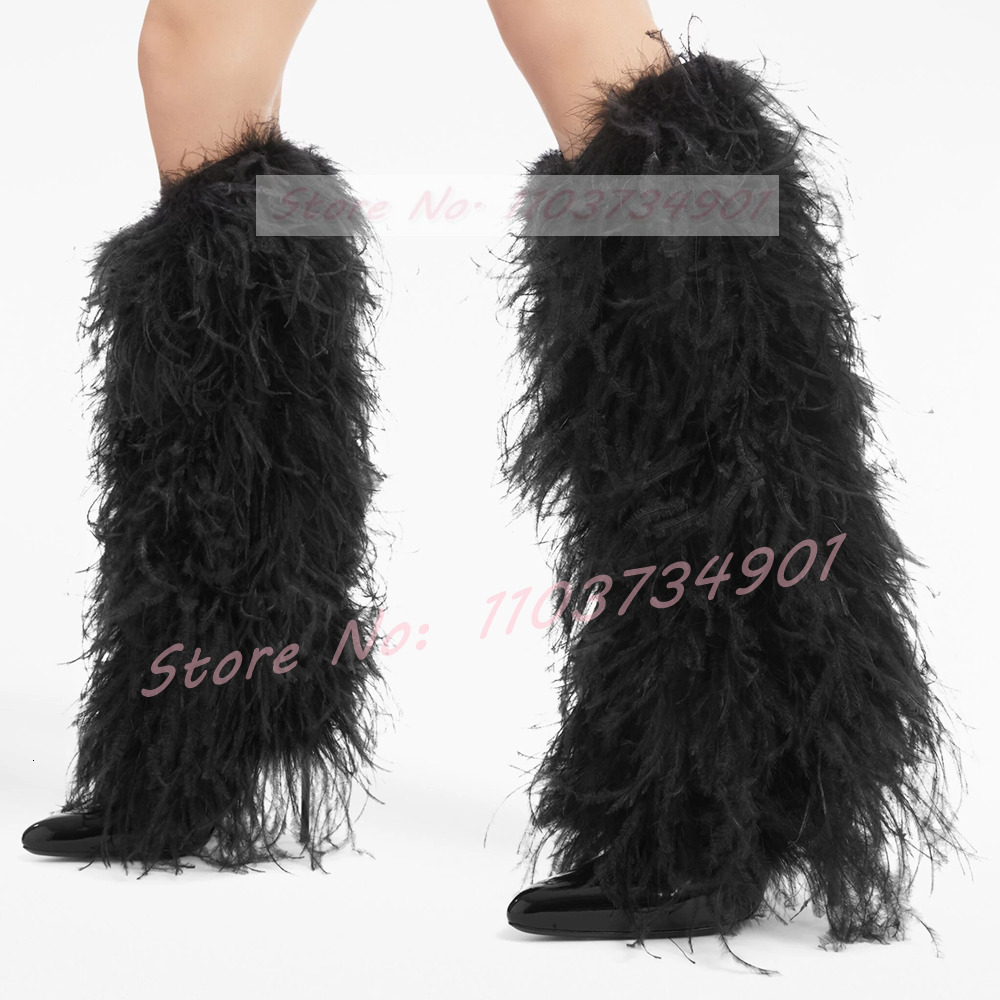 Pink Fluffy Furry Knee Length Female Sweet Pointy Toe Fur Winter Thin High Heels Boots Women Party Fashion Elegant Shoes