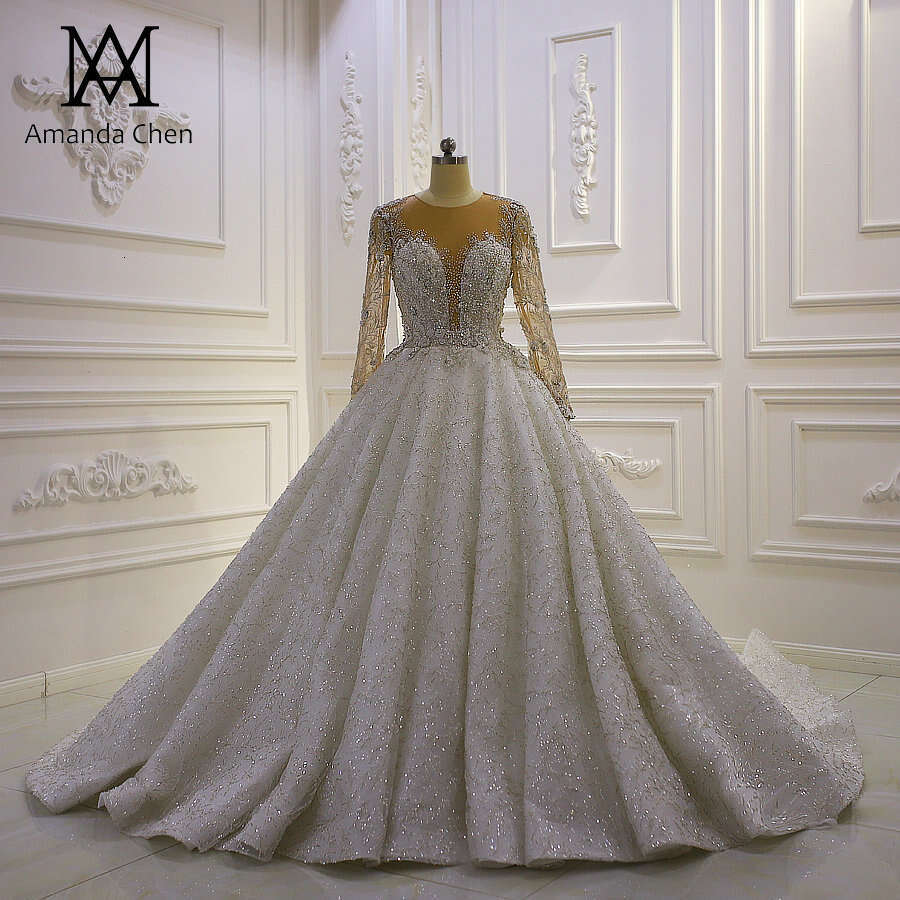 robe femme Full Sleeve Lace Appliques Crystal Wedding dress
