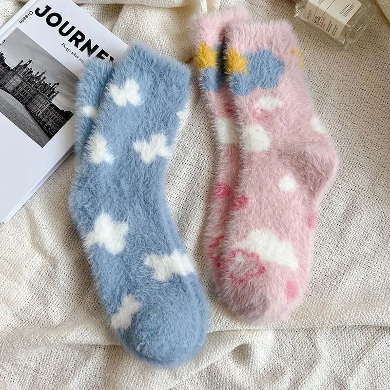 Japanese Kawaii Cute Socks Autumn Winter Thicken Warm Soft Plush Women Socks Coral Fleece Thermal Homewear Floor Sleeping Socks 241031