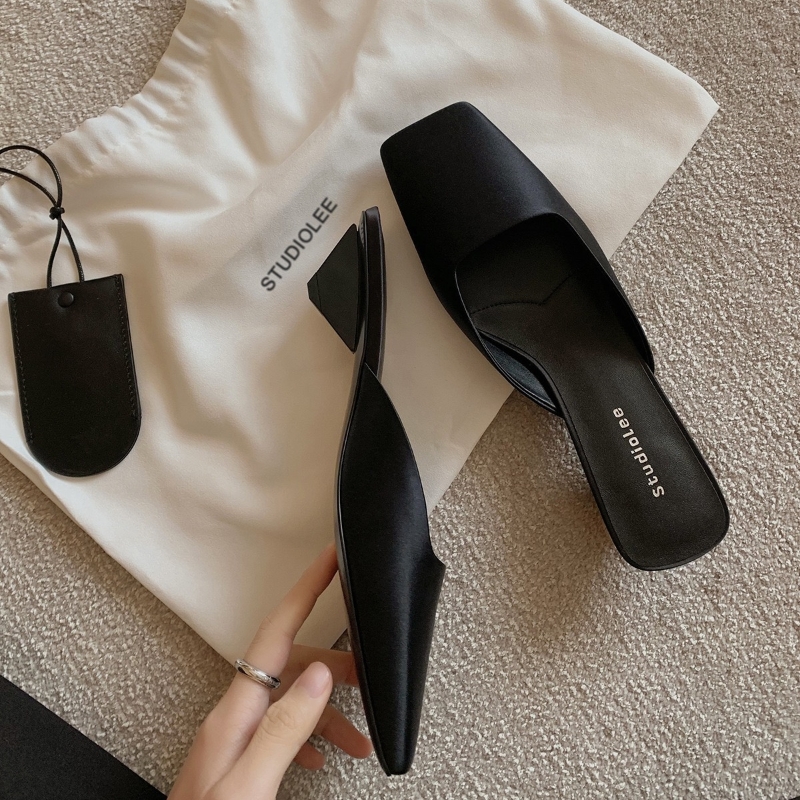 Square Summer Head Shallow Mouth Satins Triangle Slippers Fashion Minimalist Retro Commuting Casual Low Heel Sandals