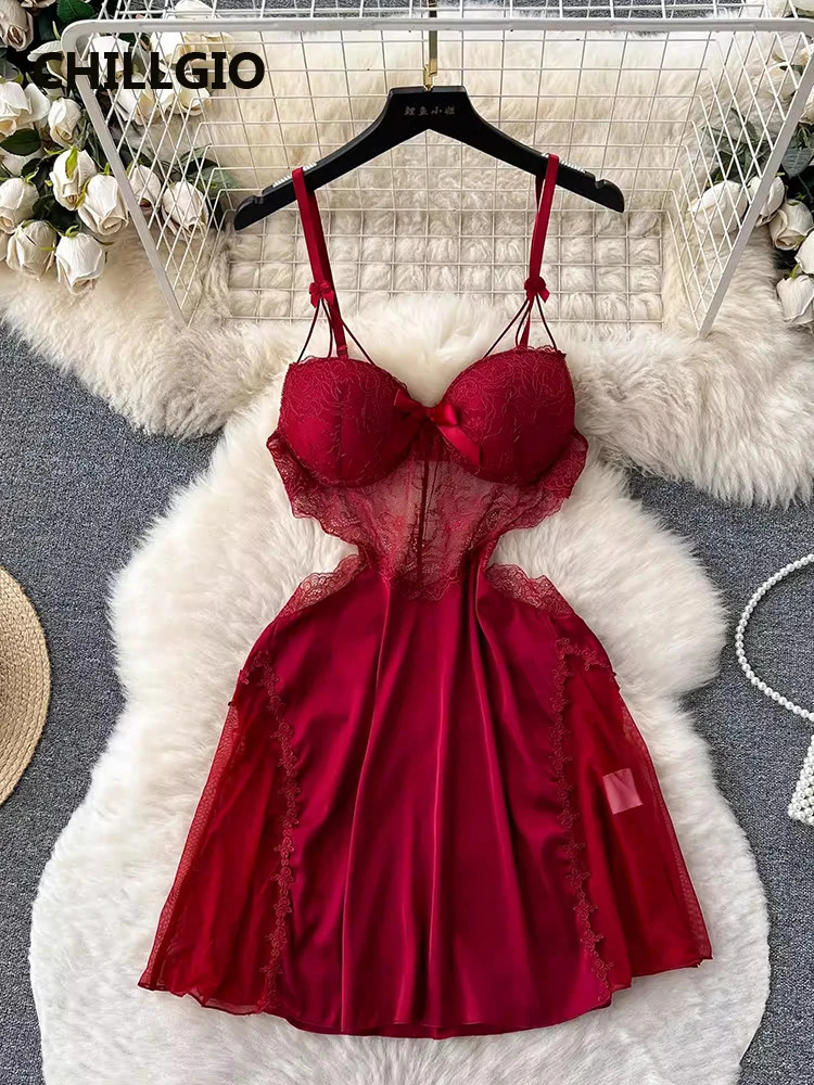 CHILLGIO Women Sexy Lace Floral Spaghetti Strap Sundress Fashion Backless A Line Summer Transparent Hollow Mesh Pajamas Dress 241031
