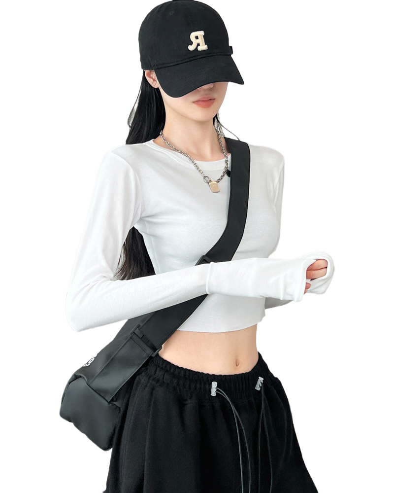 Dynamic girls in Europe and the United States Slim sexy long-sleeved T-shirt female round neck pullover sleeves ins open high waist short paragraph bl