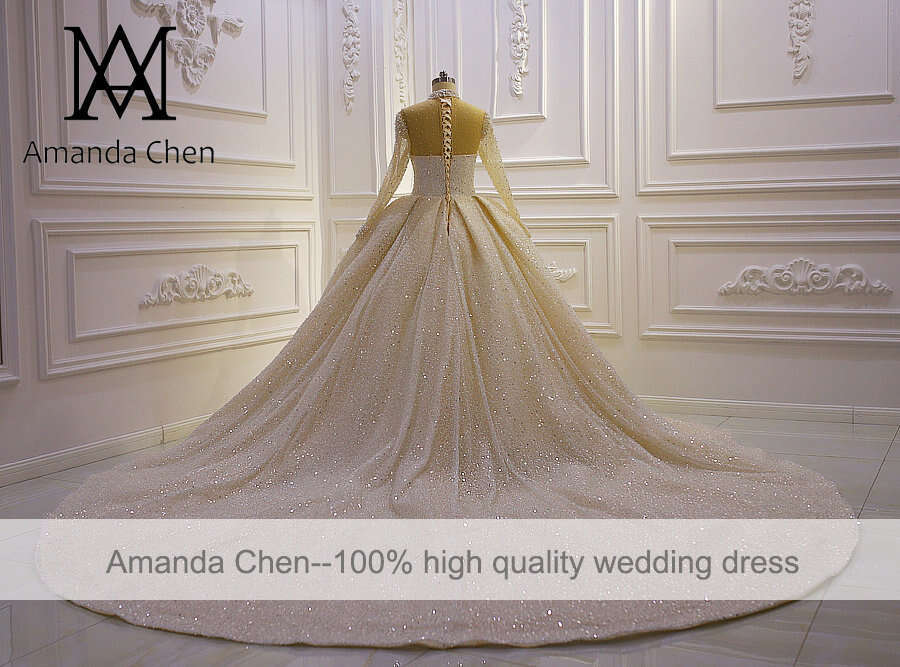 mariage High Neck Long Sleeve Handwork Crystal Pearls Wedding Dress