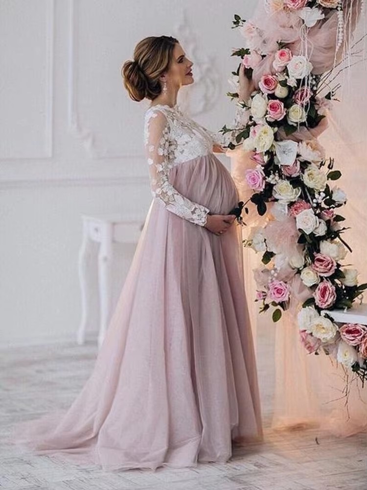 Maternity Dresses Real Photos Pregnant Women Evening Dress Long Sleeves Birthday Dress vestidos de fiesta Long Sleeves Appliques Reception prom Evenin